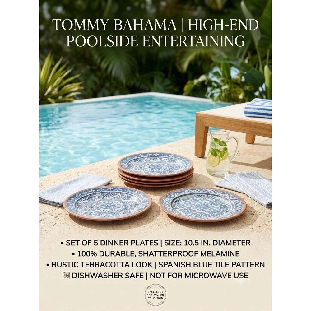TOMMY BAHAMA Spanish Blue Tile Melamine Terracotta Dinner Plates 10.5